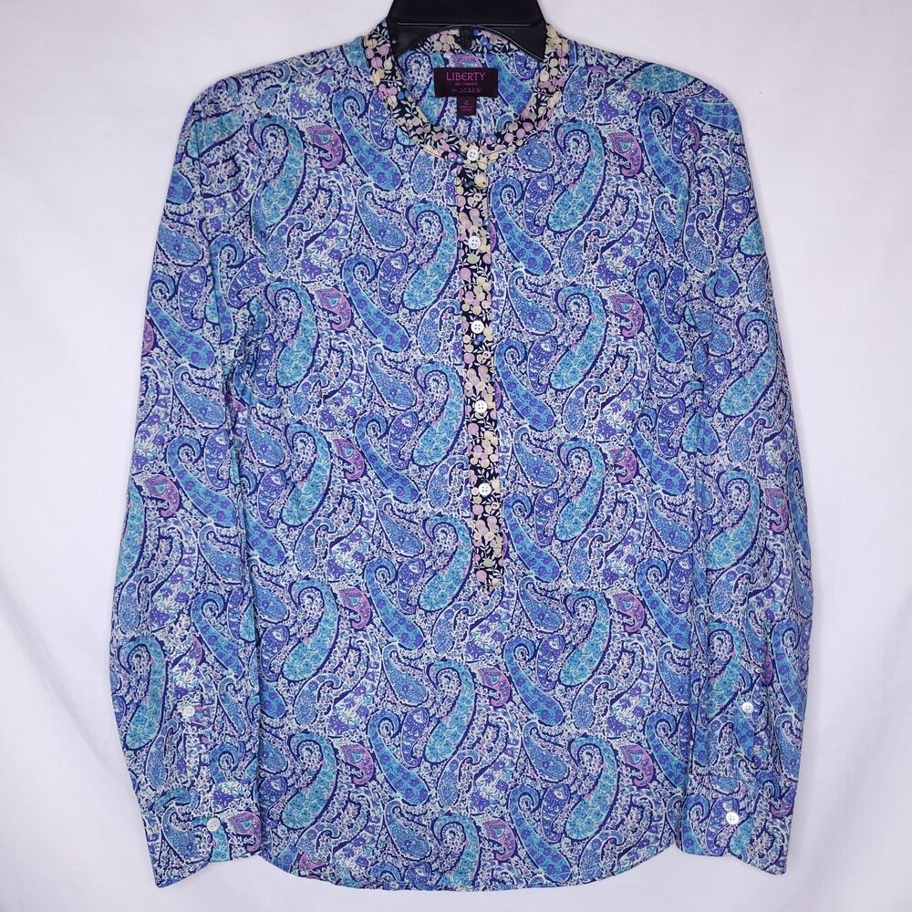 J Crew Liberty Shirt Womens 2 Paisley Blue Art Fabric Popover